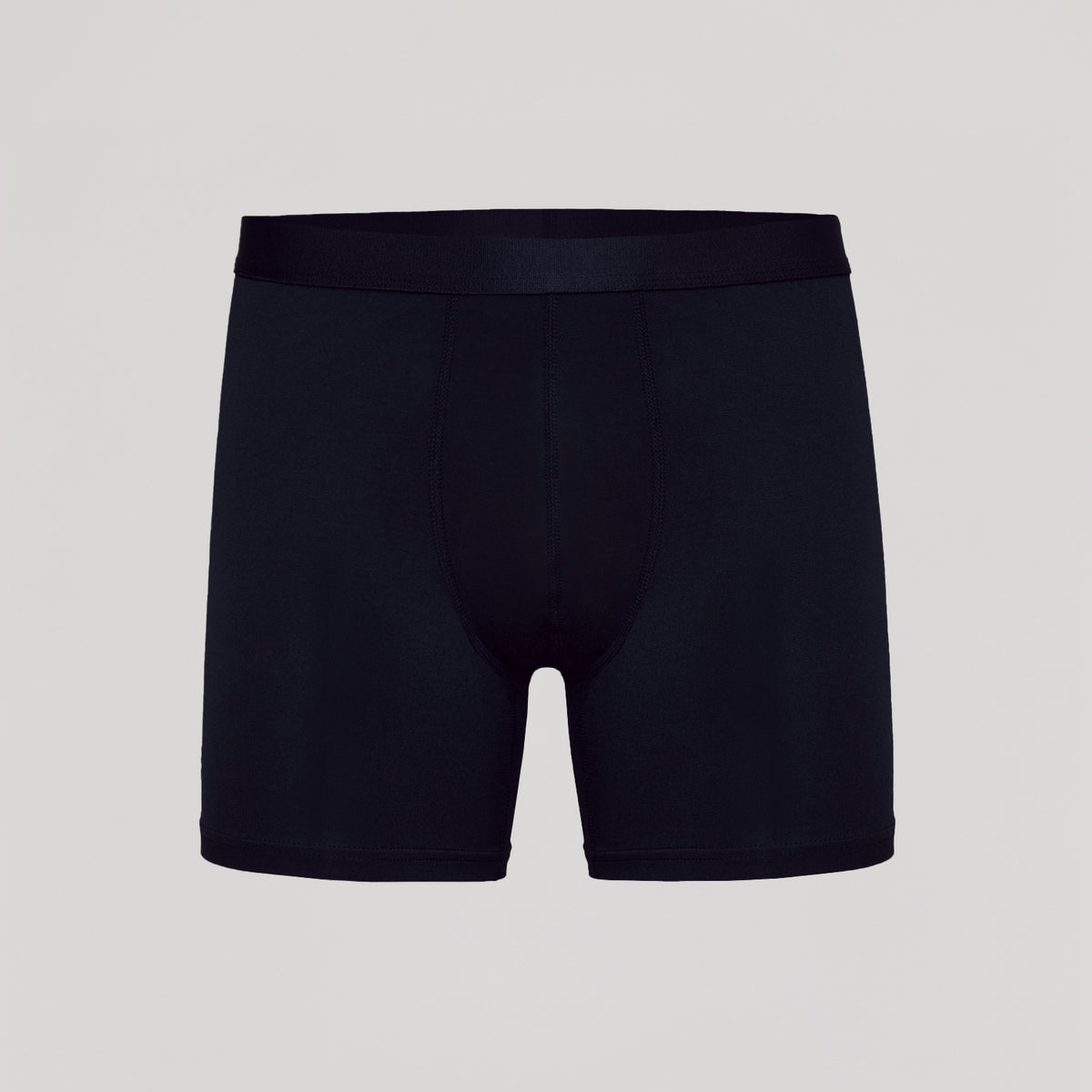 Black Boxer Briefs with supportive flyless 3D pouch, ultra-soft fabric.