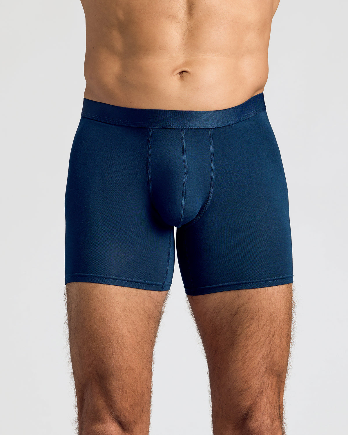 Carbon & Navy Boxer Briefs 6-Pack on a model, showcasing fit and waistband.
