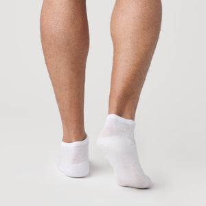 True ClassicWhite Ankle Socks 3-Pack on feet, showcasing seamless toe and contour fit.