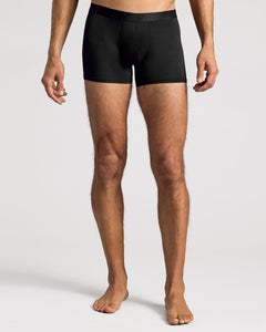 True ClassicBlack Boxer Trunks 3-Pack on a model's legs, showcasing mid-thigh length.