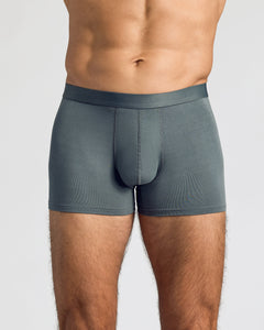 True ClassicCarbon Boxer Trunks 12-Pack showcasing gray, soft, supportive design.