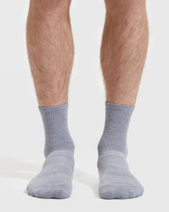 True ClassicHeather Gray Half Crew Socks on feet, showcasing seamless and contour seams.