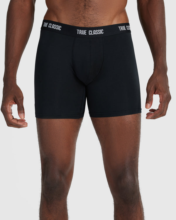 Black Logo Boxer Briefs 3-Pack on model, featuring True Classic branded waistband.