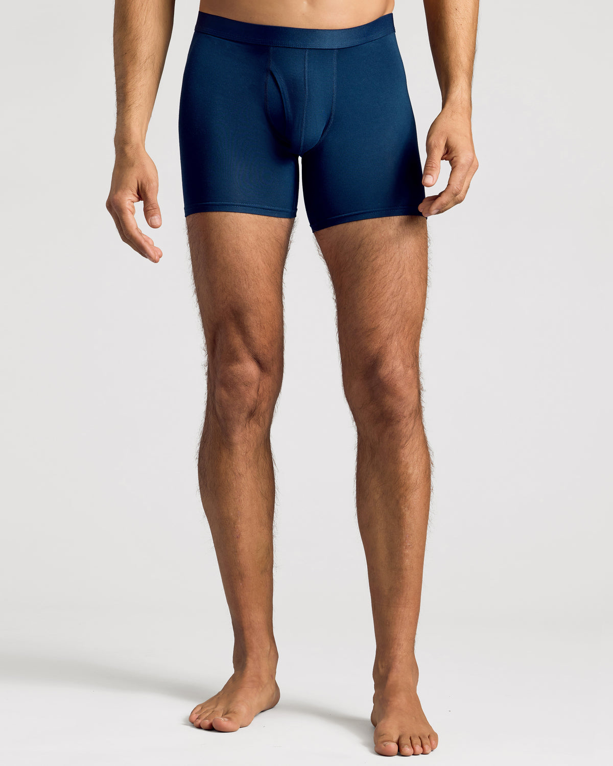 Navy Boxer Briefs W/ Fly worn by male model, showcasing fit.