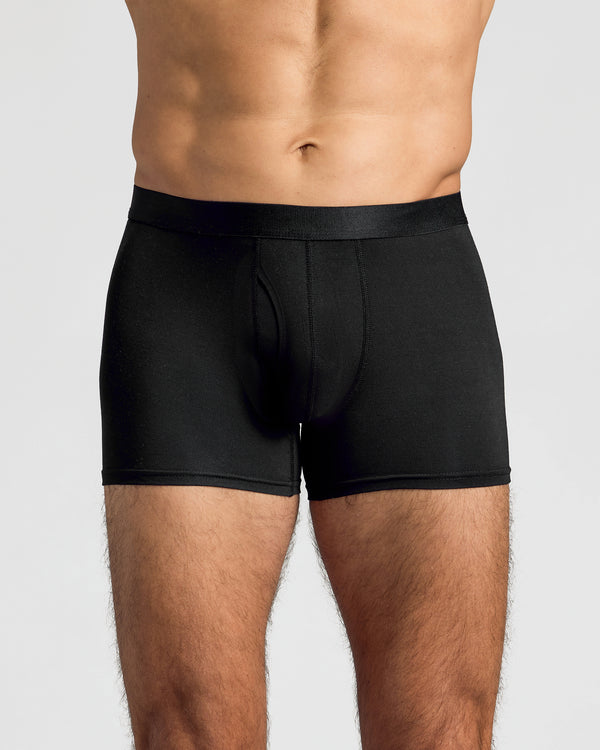 Black Boxer Trunks W/ Fly 12-Pack, showcasing relaxed fit and micromodal fabric.