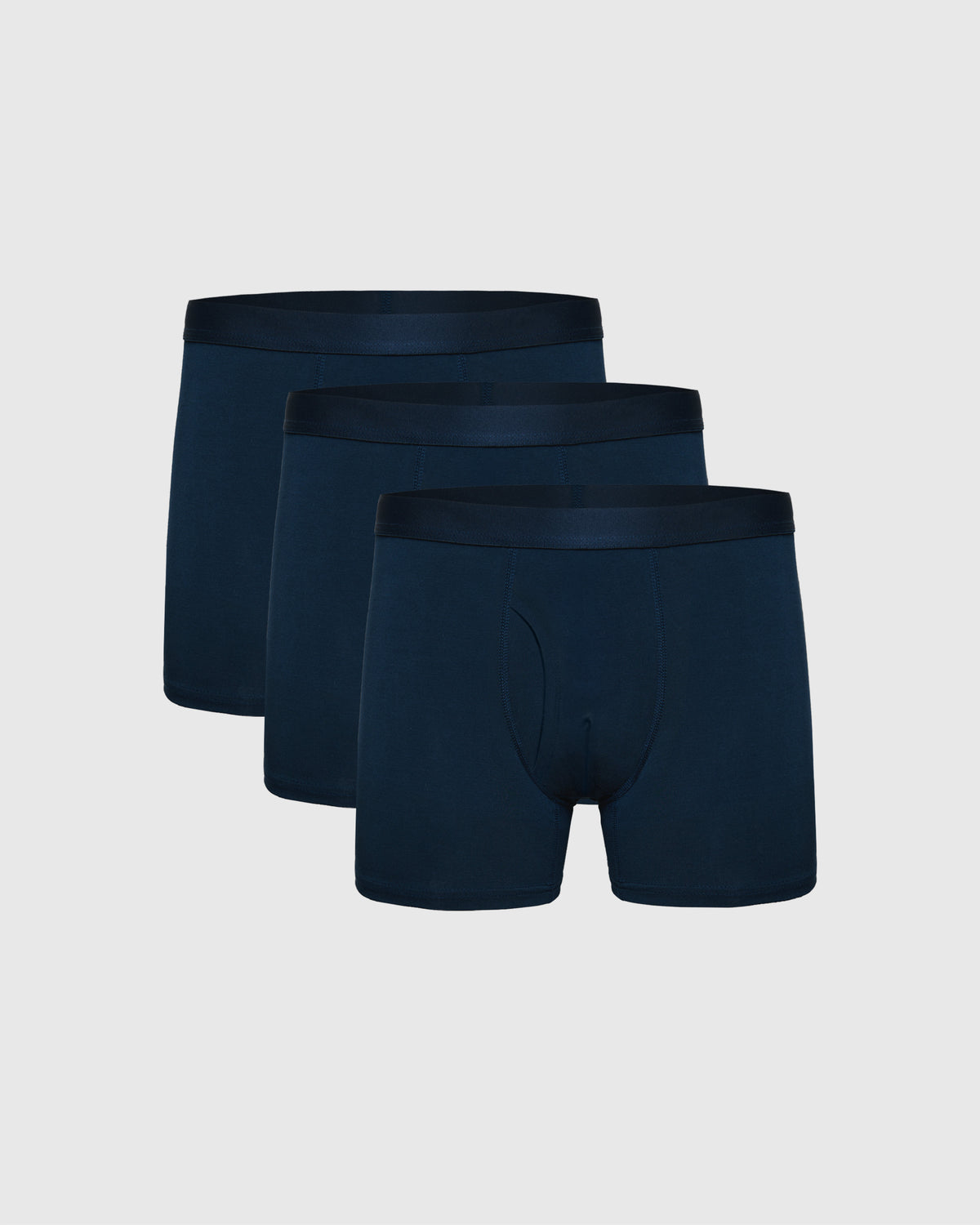 Navy Boxer Trunks W/ Fly 3-Pack, arranged side by side.