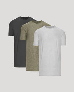True ClassicThree crew neck t-shirts in charcoal, olive, and light gray displayed side by side, representing the Tall Active Crew 3-Pack men's basics collection.