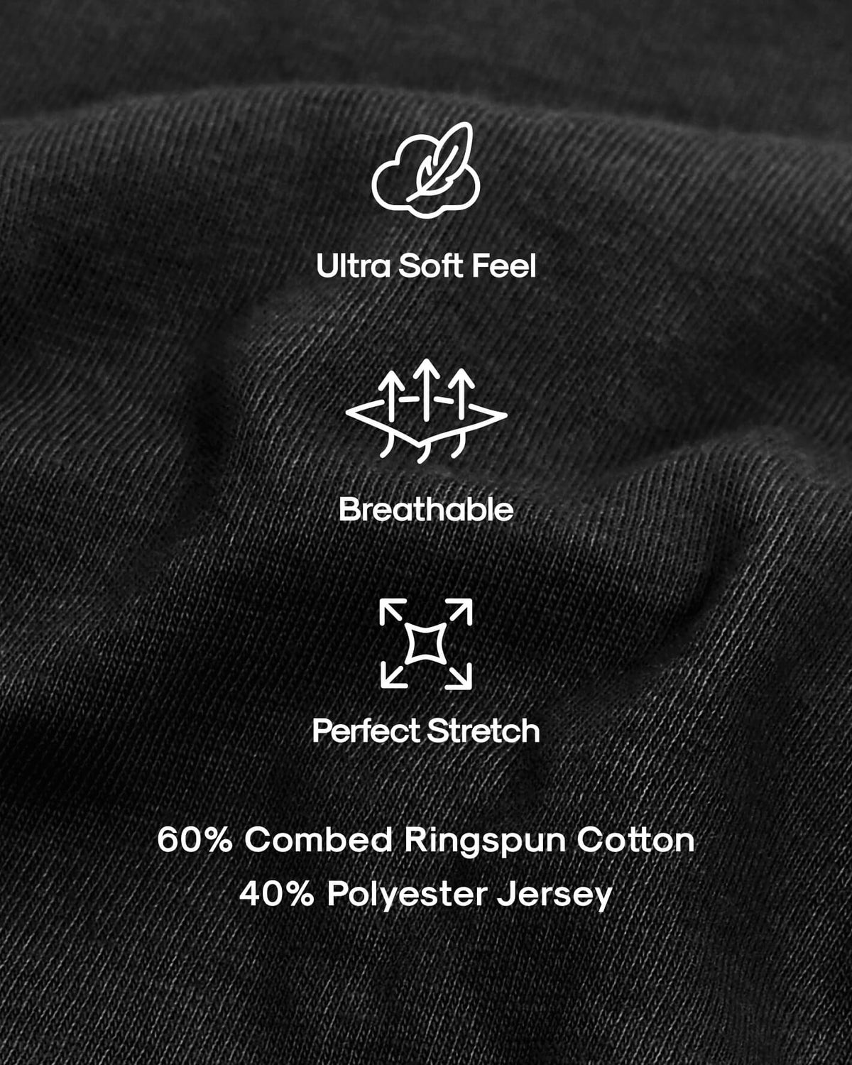 Charcoal Heather Gray Classic Crew Neck fabric with icons showing softness, breathability, and stretch.