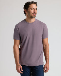 True ClassicMan wearing Dark Heather Amethyst Classic Crew Neck, relaxed pose.