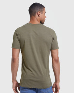 True ClassicHeather Military Green Classic Crew Neck on man, back view.