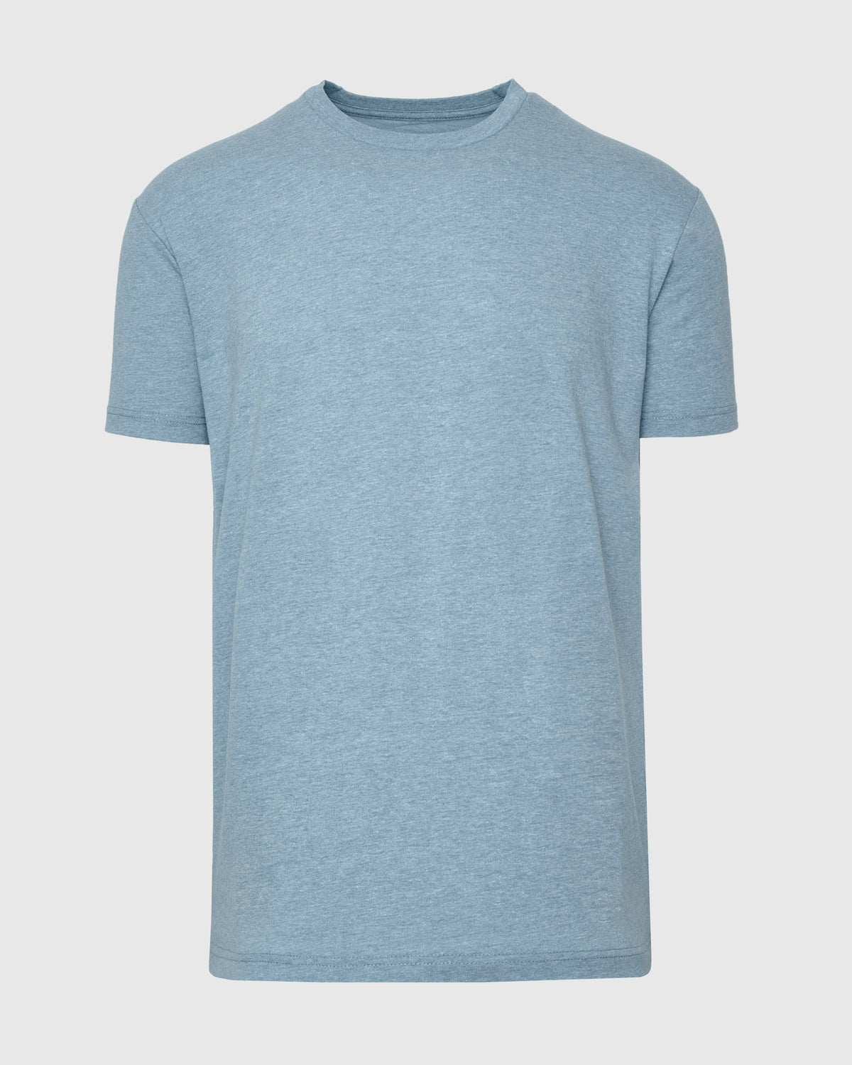 Heather Sapphire Short Sleeve Crew Neck T Shirt on neutral background.