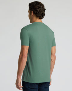 True ClassicA man viewed from the back wearing a muted sage green short-sleeve t-shirt and dark blue jeans, standing against a light gray studio background.