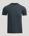 A dark slate blue crewneck short-sleeve t-shirt displayed on a neutral light gray background.
