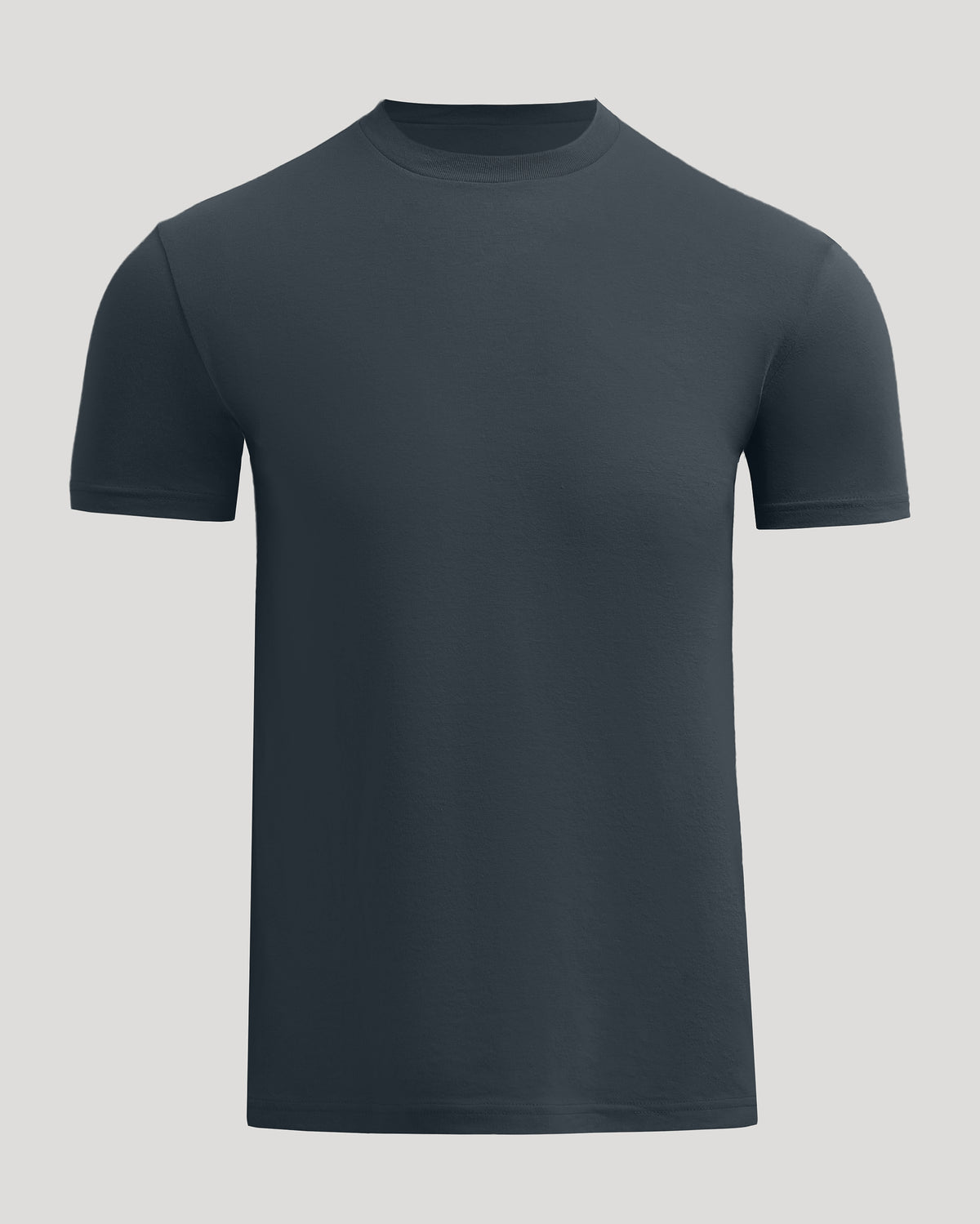 A dark slate blue crewneck short-sleeve t-shirt displayed on a neutral light gray background.