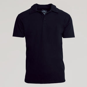 True ClassicBlack Classic Polo with button-up collar and “TRUE CLASSIC.” neck label.