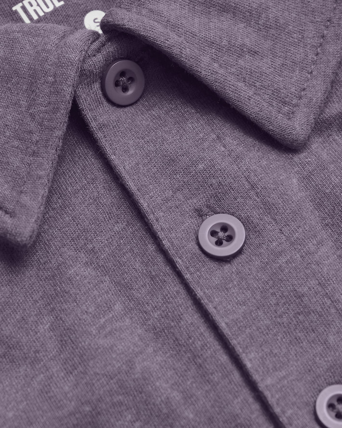 Dark Heather Amethyst Short Sleeve Polo close-up showing collar and buttons.