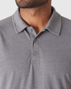 True ClassicHeather Graphite Short Sleeve Polo with folded collar and three-button placket.