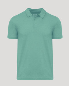 True ClassicLight Heather Greenery Classic Polo, teal, short-sleeved, fold-over collar, laid flat.