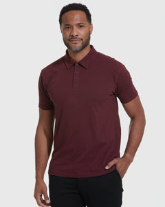 True ClassicMahogany Polo worn by man, showcasing fitted design and three-button placket.