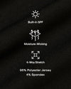 Black Active Crew Neck Tee with SPF, moisture-wicking, and 4-way stretch features.