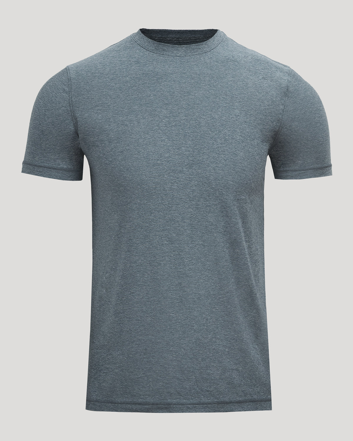 Heather Navy Active Crew Neck Tee, short-sleeved, laid flat, heathered slate-blue.