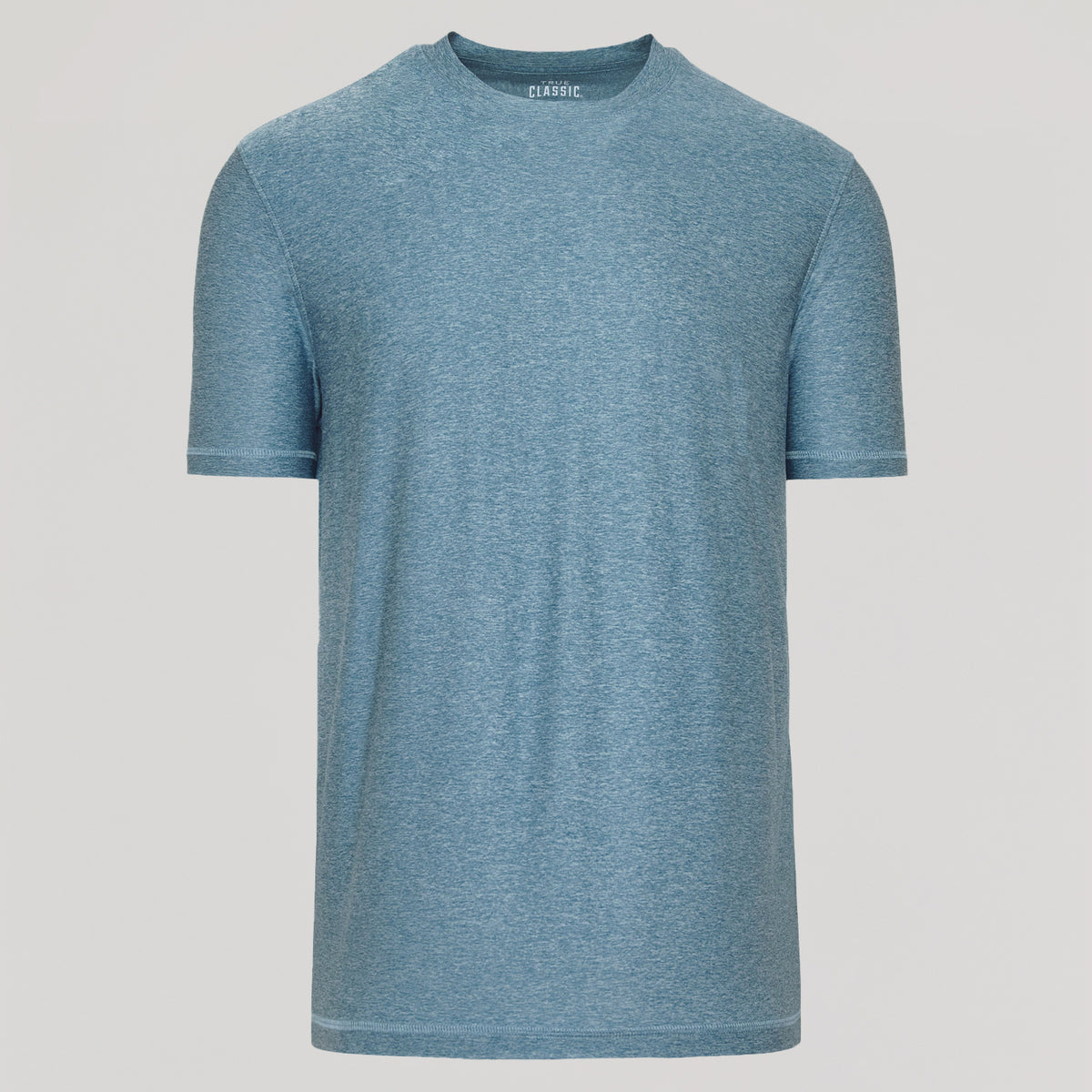 Heather Indigo Active Crew Neck Tee in light heathered blue, plain short-sleeve design.