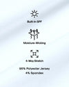 White Active Crew Neck Tee with SPF, moisture-wicking, and 4-way stretch features.