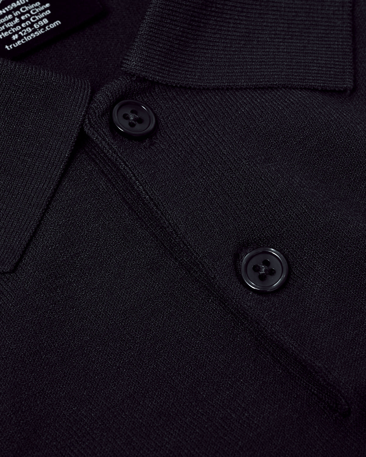 Black Short Sleeve Sweater Polo with ribbed collar and two-button placket.