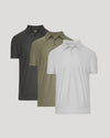 Three short-sleeve polo shirts in dark charcoal gray, olive green, and white, arranged in a staggered overlapping layout against a light gray background.