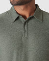 Heather Forest Active Polo 2.0 on man, classic collar, two buttons fastened.
