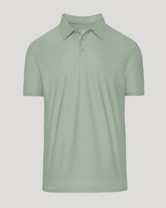 True ClassicLichen Active Polo 2.0: Sage-green, short-sleeve, two-button placket, unstructured collar.