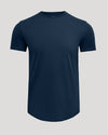 Navy Pima Cotton Blend Curved Hem Crew shirt displayed on a neutral background, featuring a smooth, soft fabric and classic crew neckline for men's basics.