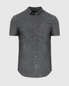 Black Wash Short Sleeve Stretch Chambray Shirt with button-up front and chest pocket.