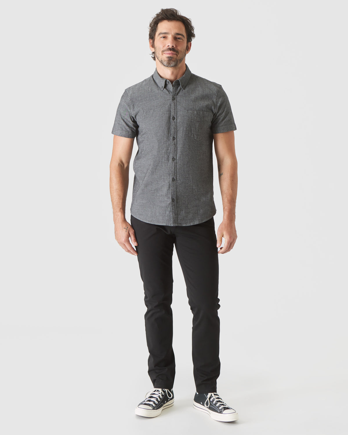 Black Wash Short Sleeve Stretch Chambray Shirt on model, showcasing slim fit.