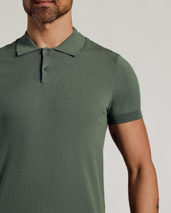 True ClassicMan wearing Moss Dressy Polo with knit texture and button placket.
