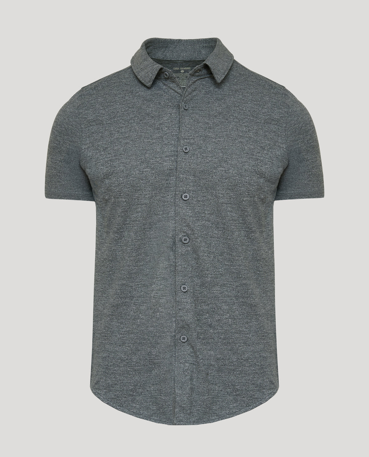 Charcoal Heather Gray Short Sleeve Comfort Knit Shirt with button-down front.