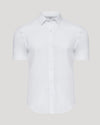 White Performance Dress Shirt, short-sleeved, button-front, on gray background.