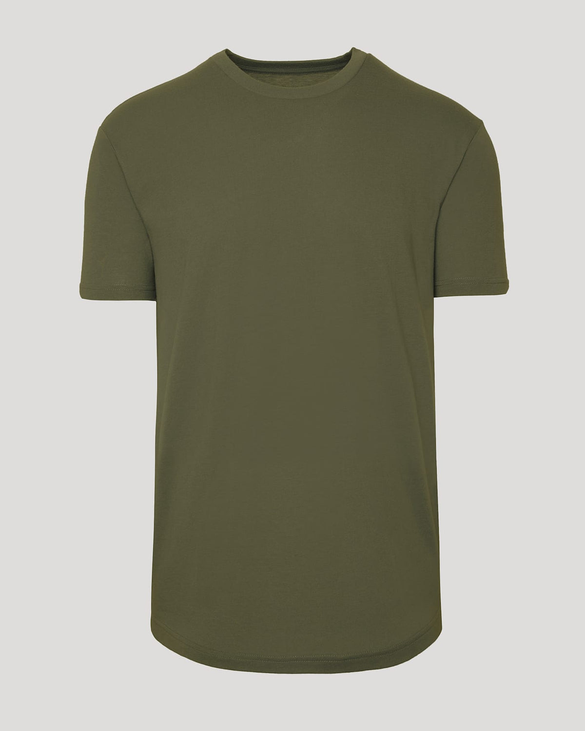 Military Green Curved Hem Classic Crew Neck T-shirt, short sleeves, crew-neck.