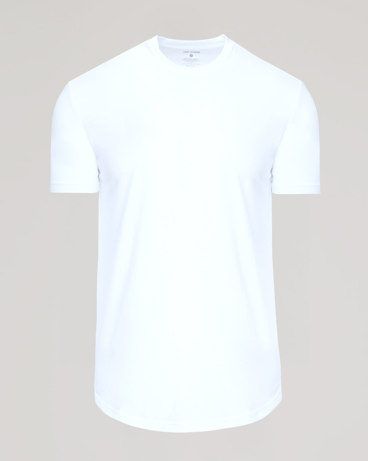 White Curved Hem Classic Crew Neck T-shirt, short-sleeve, laid flat.