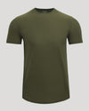 An olive green short-sleeve crewneck t-shirt displayed on a neutral light gray background.
