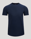 Navy blue t-shirt on a light gray background