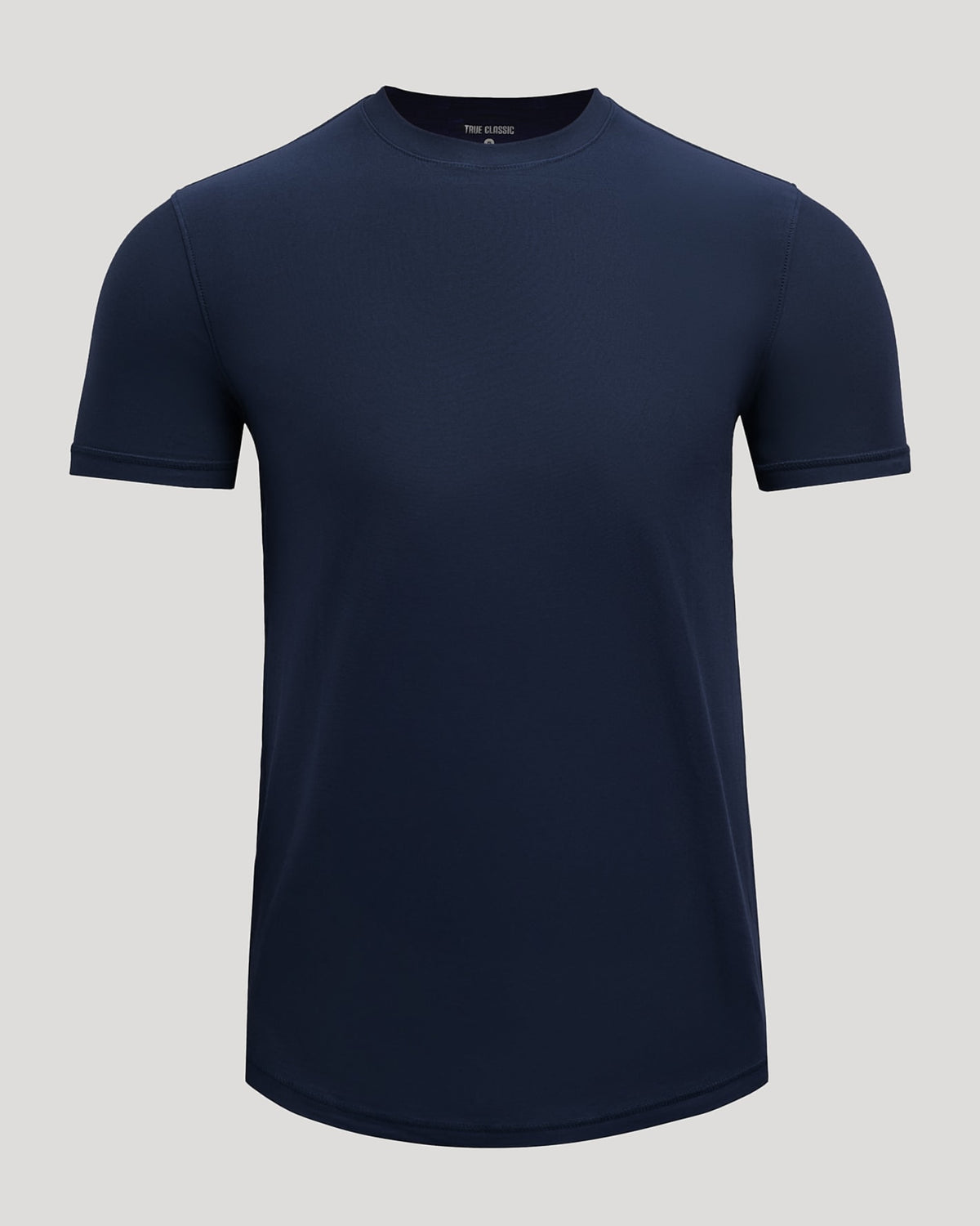 Navy blue t-shirt on a light gray background