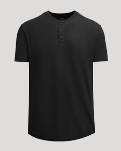 True ClassicBlack Heavyweight Curved Hem Henley in solid black, featuring a three-button placket and short sleeves, designed as a men's basic with a comfortable heavyweight fabric.