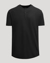 Black Heavyweight Curved Hem Henley in solid black, featuring a three-button placket and short sleeves, designed as a men's basic with a comfortable heavyweight fabric.