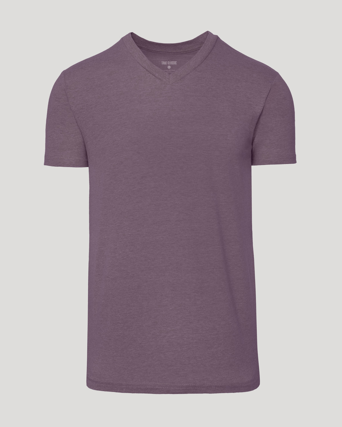 Dark Heather Amethyst Classic V-Neck T-shirt on gray background.