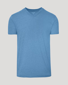 True ClassicDark Heather Blue Lake V Neck Tee laid flat, showcasing its premium fit.