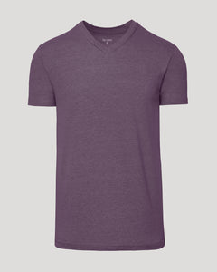 True ClassicDark Heather Plum Classic V-Neck T-shirt on neutral backdrop.