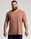 Man wearing Dark Heather Sepia Classic V-Neck T-shirt, relaxed pose.