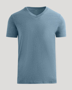True ClassicHeather Indigo Classic V-Neck T-shirt, short-sleeved, laid flat.