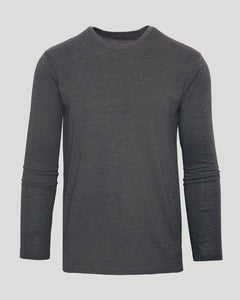 True ClassicA dark gray long-sleeve crewneck shirt with a heathered texture, shown on a solid light gray background.